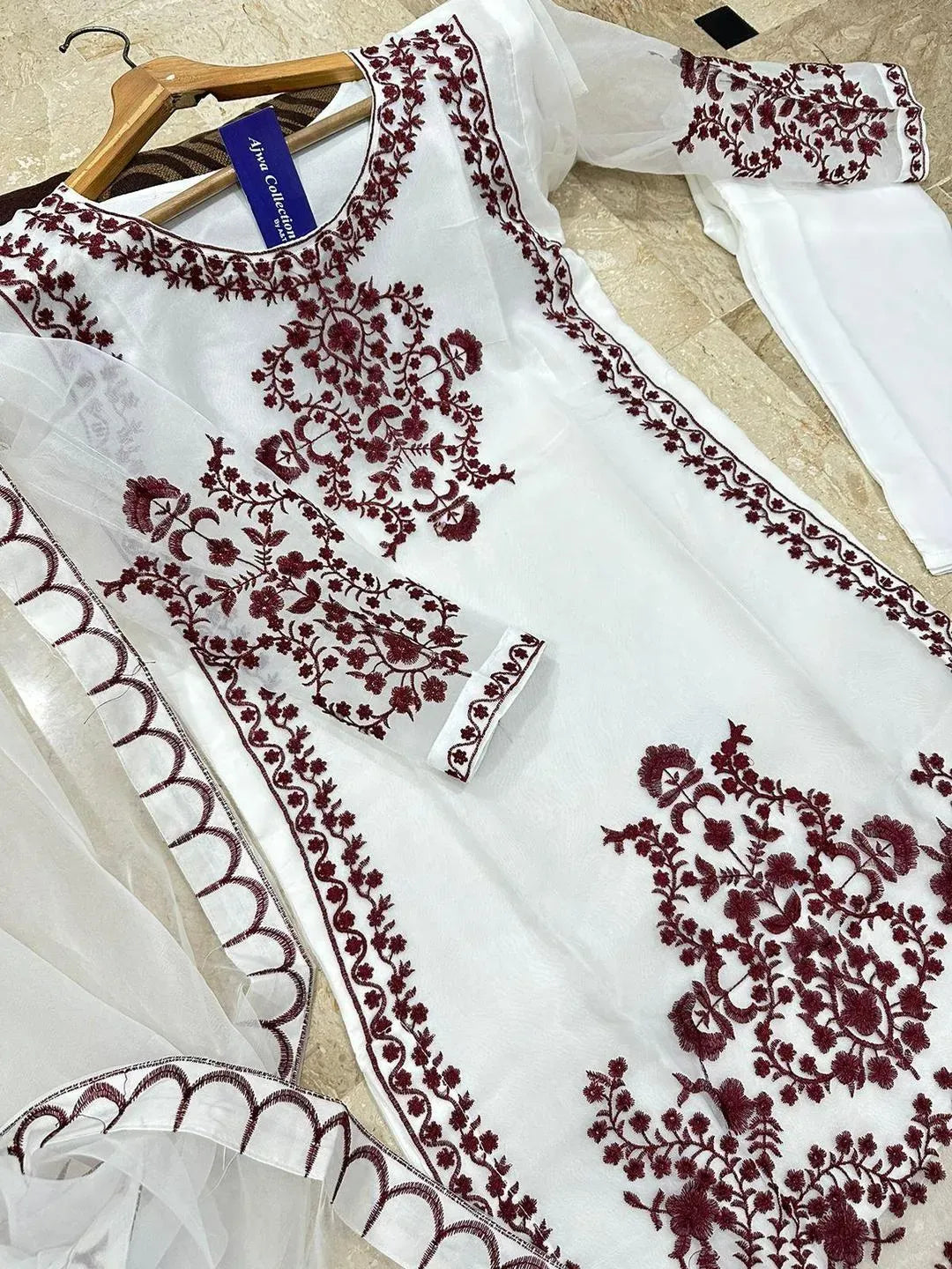 3 Pcs Women's Stitched Organza Embroidered Suit
