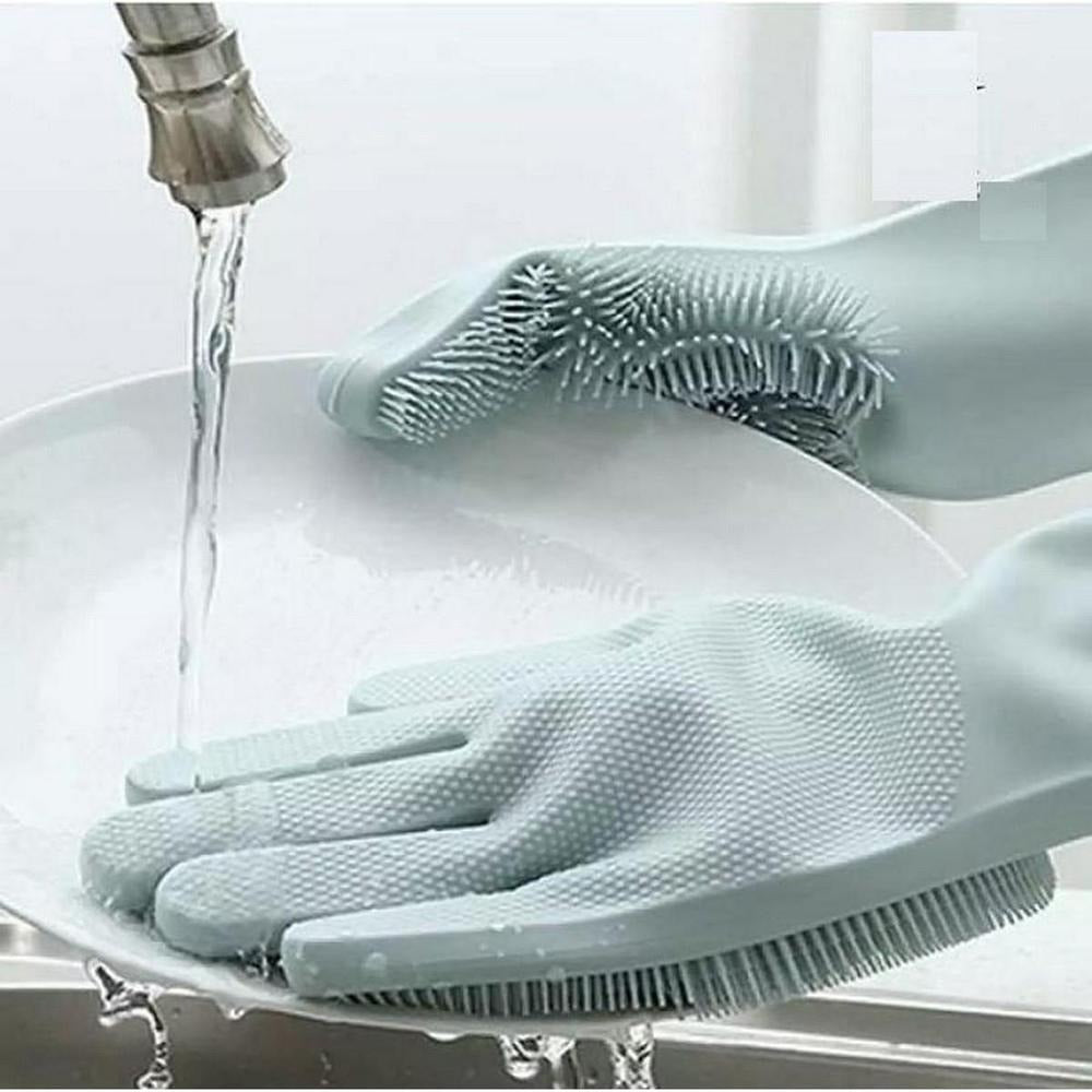 Silicone Dishwashing Gloves with Scrubber Brush, Reusable, Food Grade, Heat Resistant