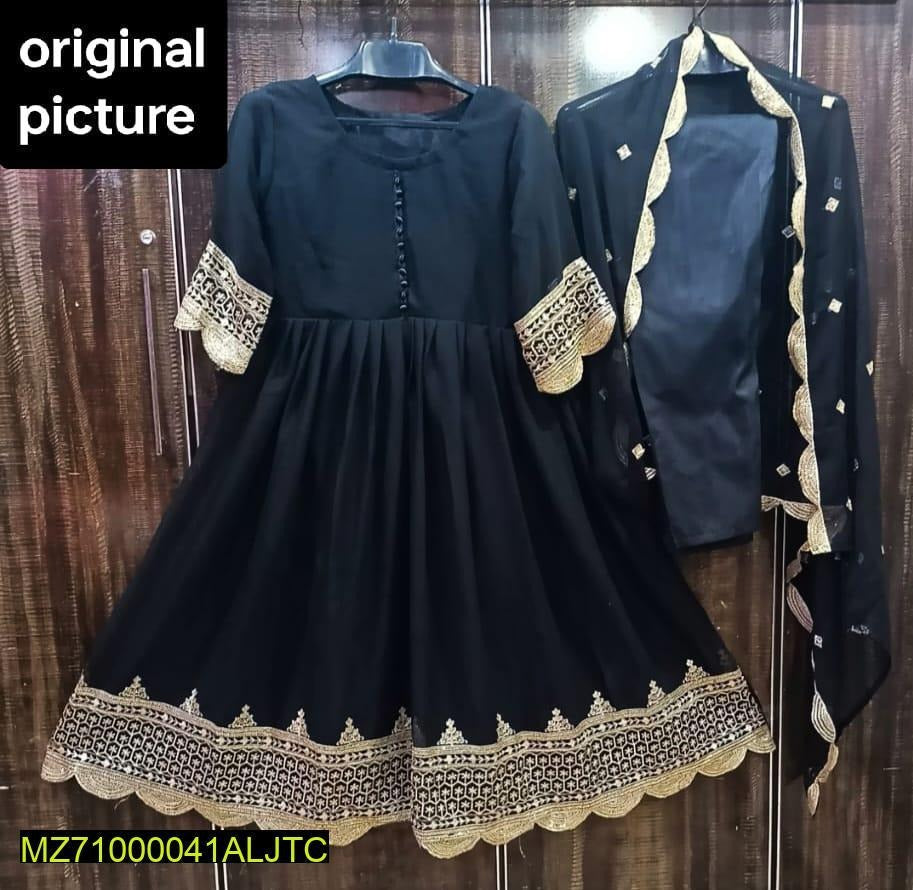 3 Pcs Women's Stitched Chiffon Full Flare Embroidered Maxi