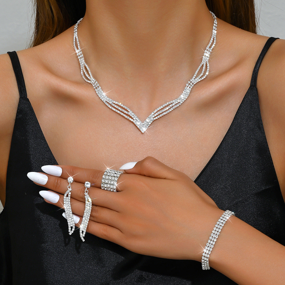 Silver Rhinestone Bridal Jewelry Set for Women