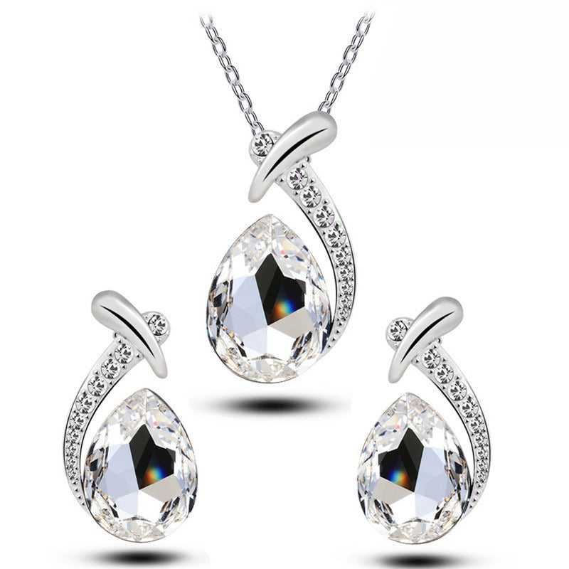 Blue Crystal Water Drop Necklace & Earrings Set