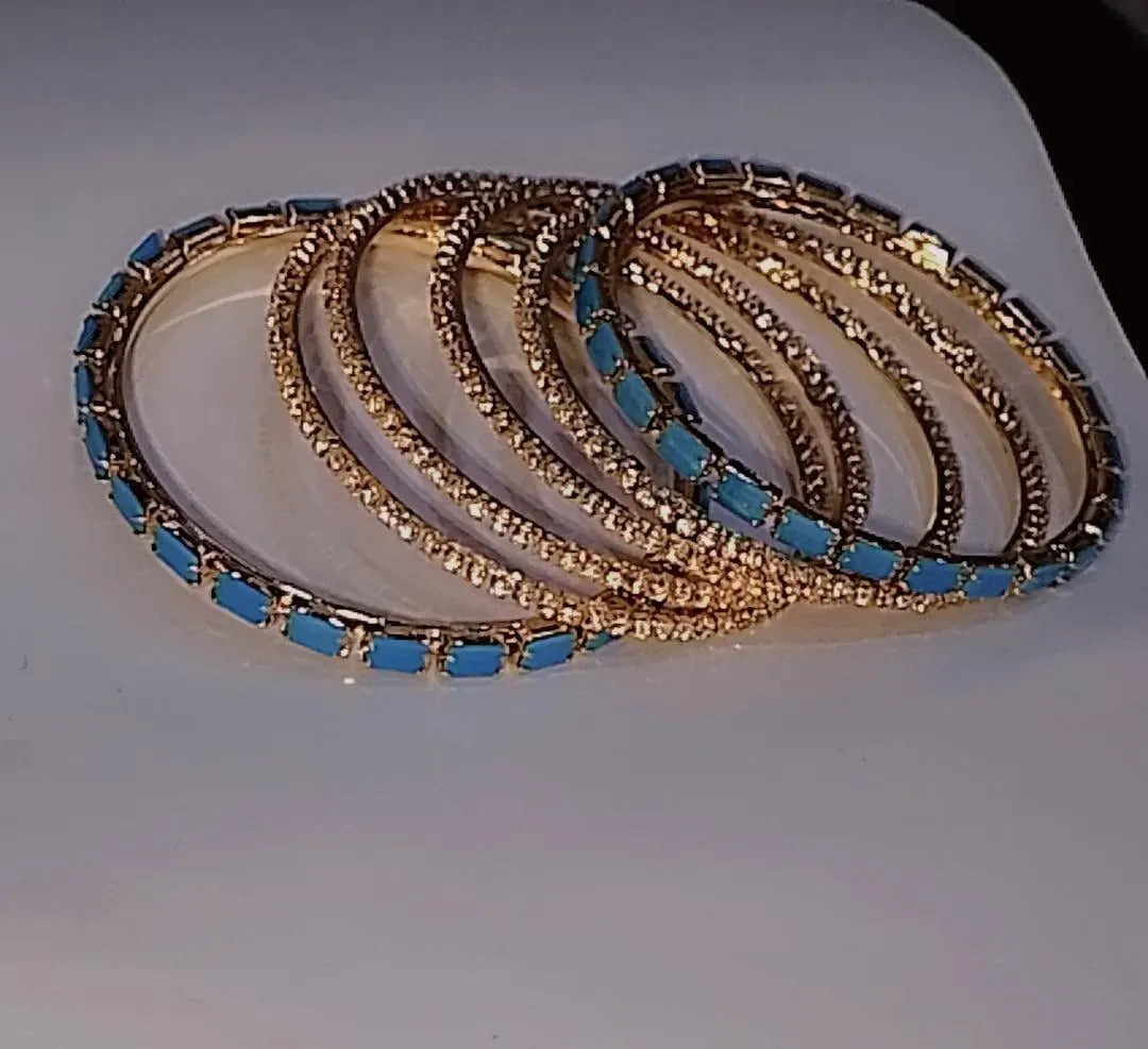 Set of 6 Gold-Plated Bangles with Blue & Clear Crystal Stones for Women