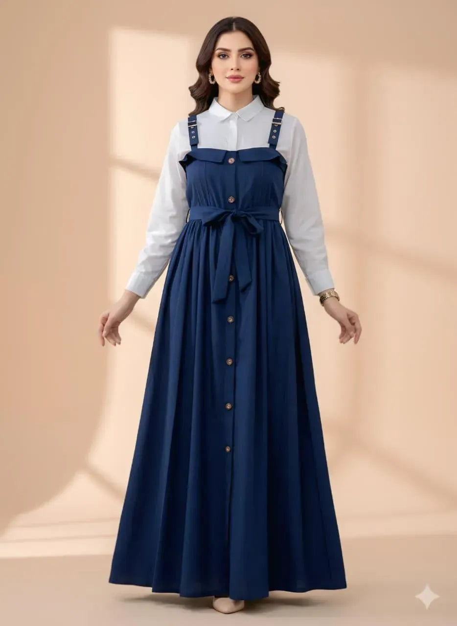 Stylish Navy Blue Linen Women’s Dress - 2 Pcs Ensemble