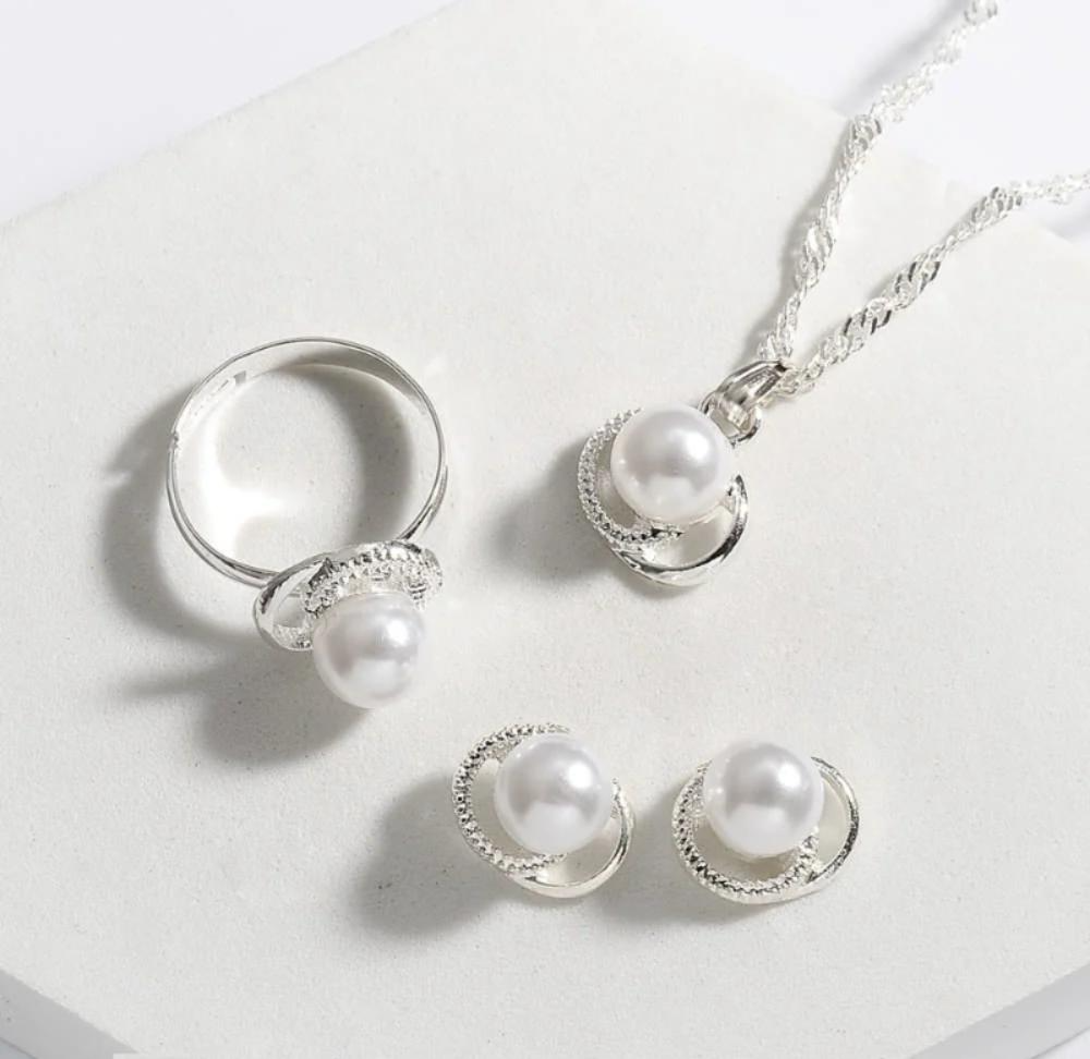 Silver Pearl Necklace Ring Earrings Set for Women