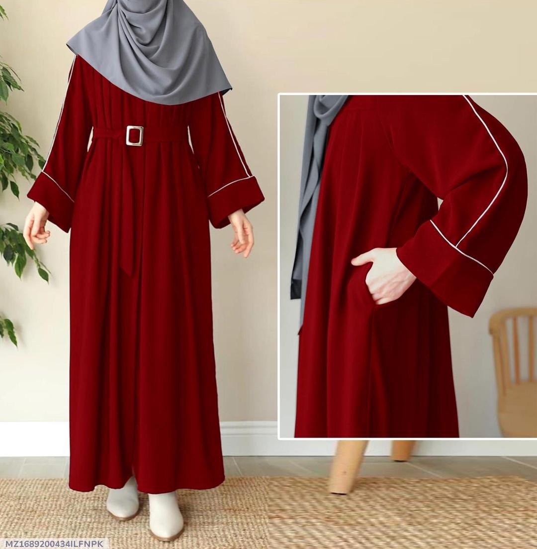 Red Front Platted Zip Abaya With Belt Pocket