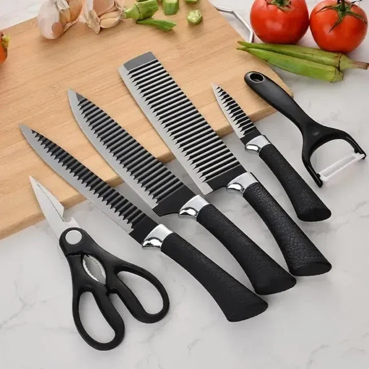 6-Piece Black Stainless Steel Knife Set with Scissors & Peeler